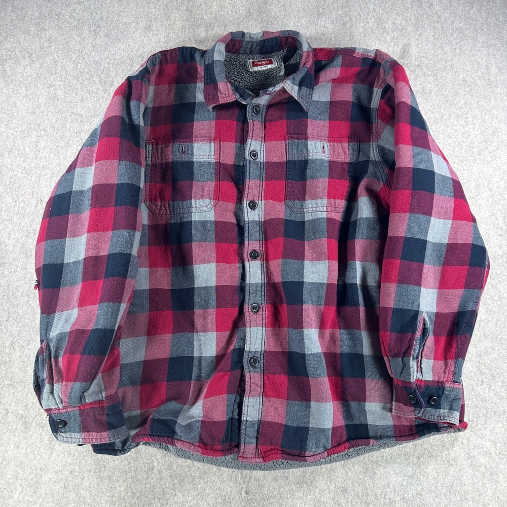 Wrangler Sherpa Lined Flannel Shirt Jacket Men's Large Red Black Plaid Shacket